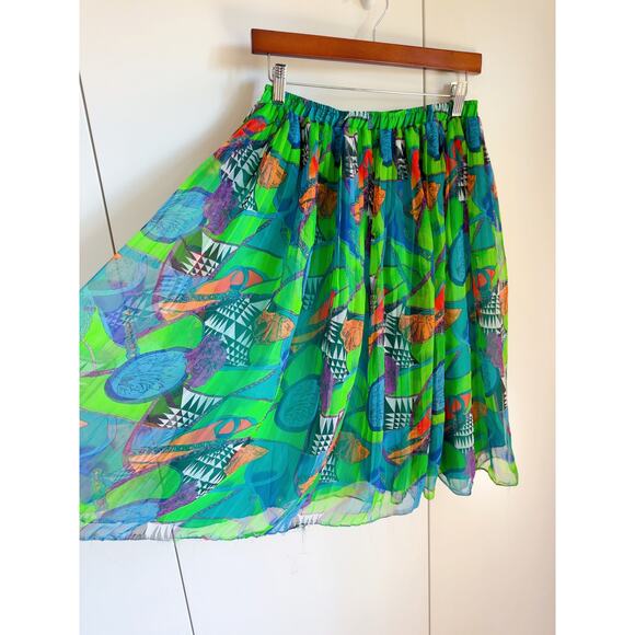 Vintage 90s Graphic Print Pleated skirt Size M Green/Blue Mixed Prints Statement - Picture 2 of 8
